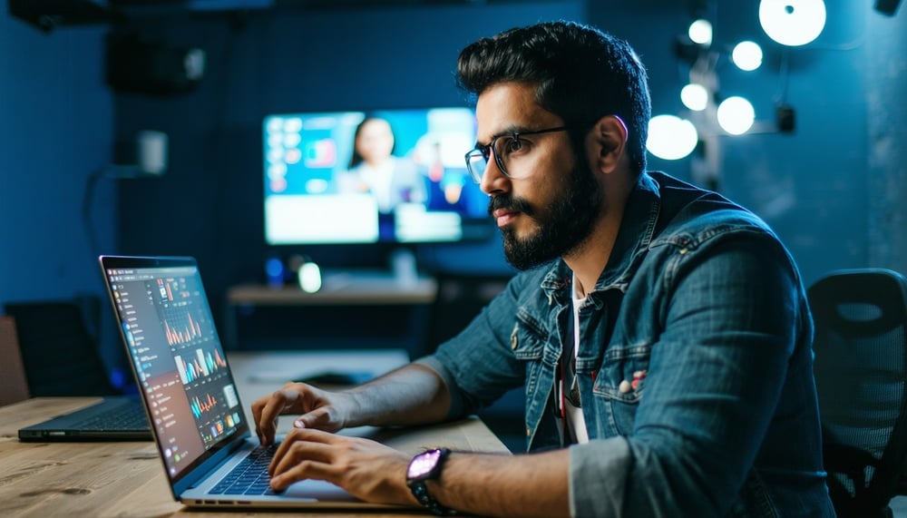 Remote Latin American developer working on a laptop for a U.S. tech company